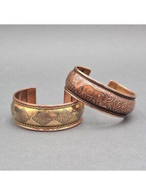 Vintage Tibetan Cuff Bracelet Lot Of 2 Copper Brass Elephant Celtic Mixed Metal